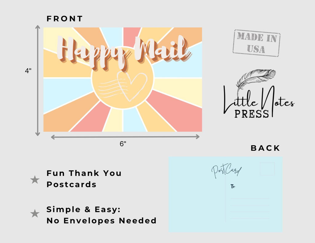 Happy Mail Postcards | Retro Pastel Sunburst Design | No envelopes needed
