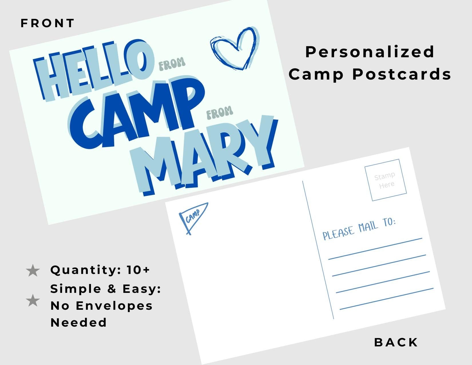 Personalized Camp Postcards: Multiple Color Options, Summer Care Package