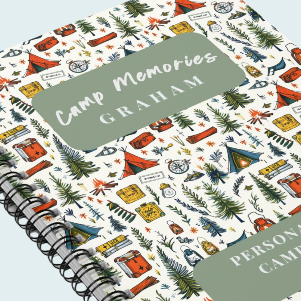 Camp Memories Camping Pattern Spiral Notebook | Personalized Ruled Journal