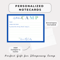 Personalized notecard with envelope for sleepaway camp, featuring text and a signature.
