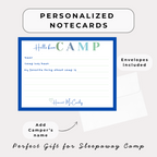 Personalized notecard with envelope for sleepaway camp, featuring text and a signature.