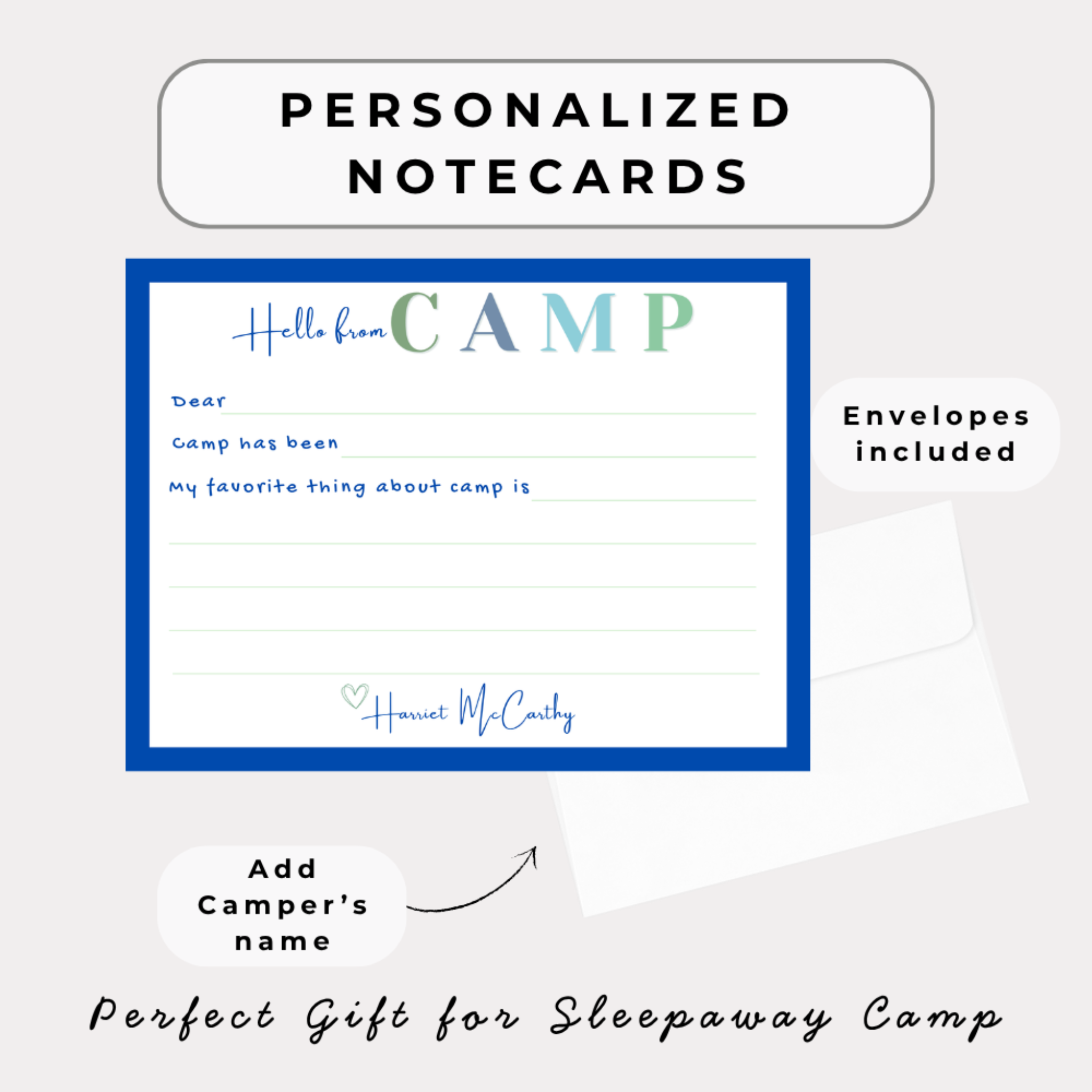 Personalized notecard with envelope for sleepaway camp, featuring text and a signature.