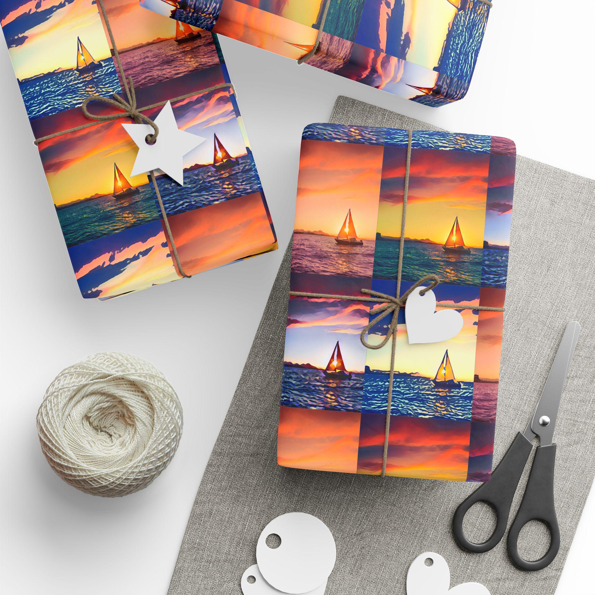 Sunset Lighthouse Pattern Wrapping Paper | Coastal Scenic Gift Wrap Roll