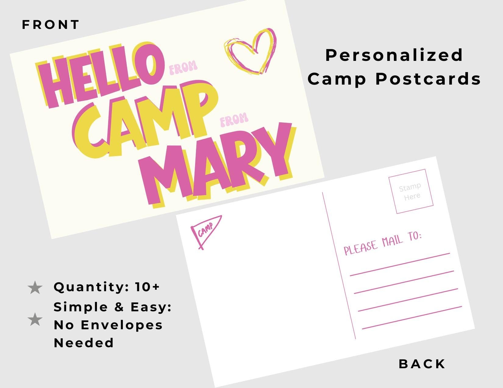 Personalized Camp Postcards: Multiple Color Options, Summer Care Package