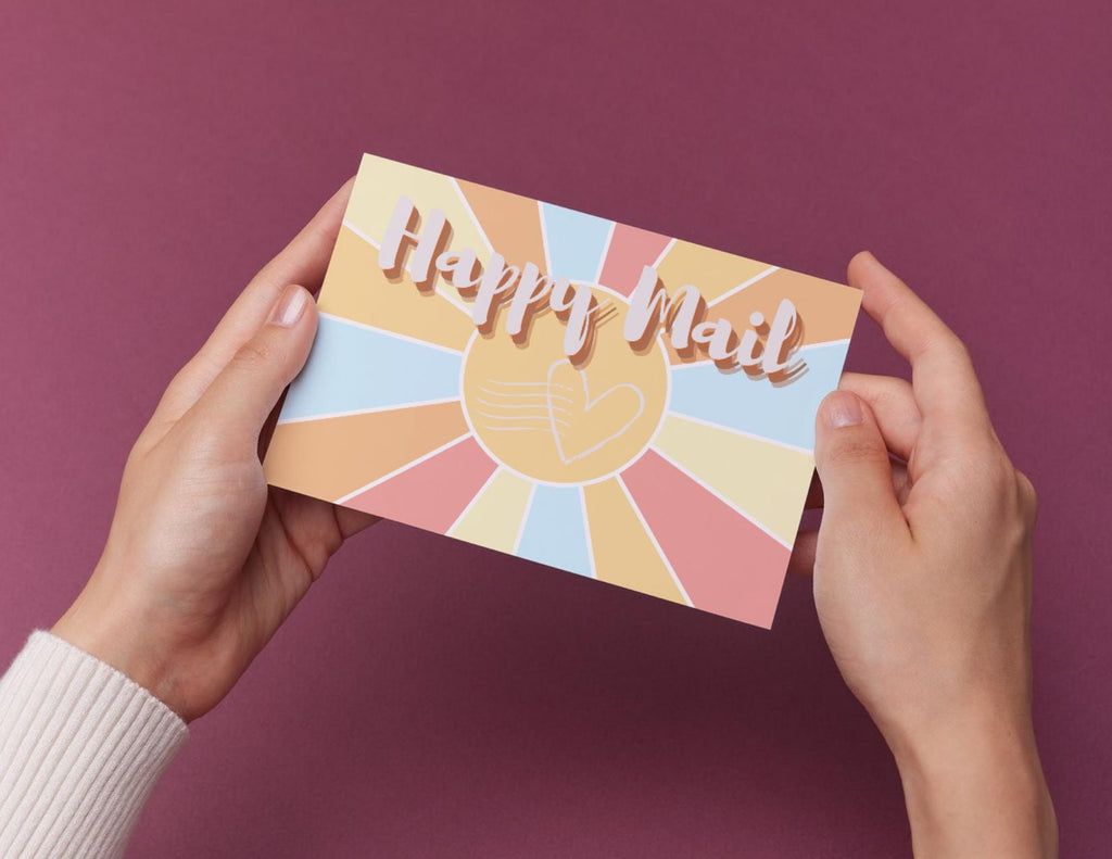 Happy Mail Postcards | Retro Pastel Sunburst Design | No envelopes needed