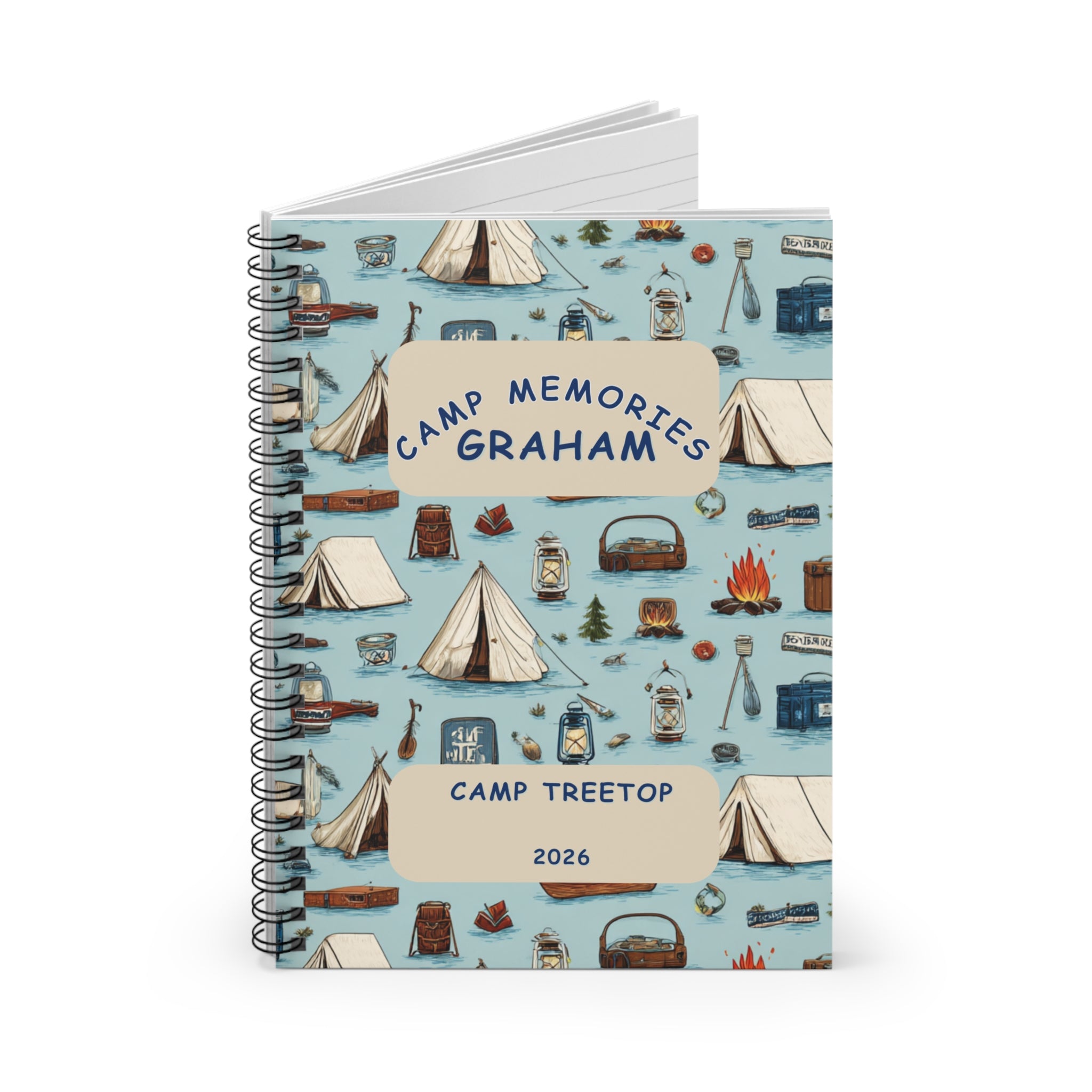 Camp Memories Camping Pattern Spiral Notebook | Personalized Ruled Journal