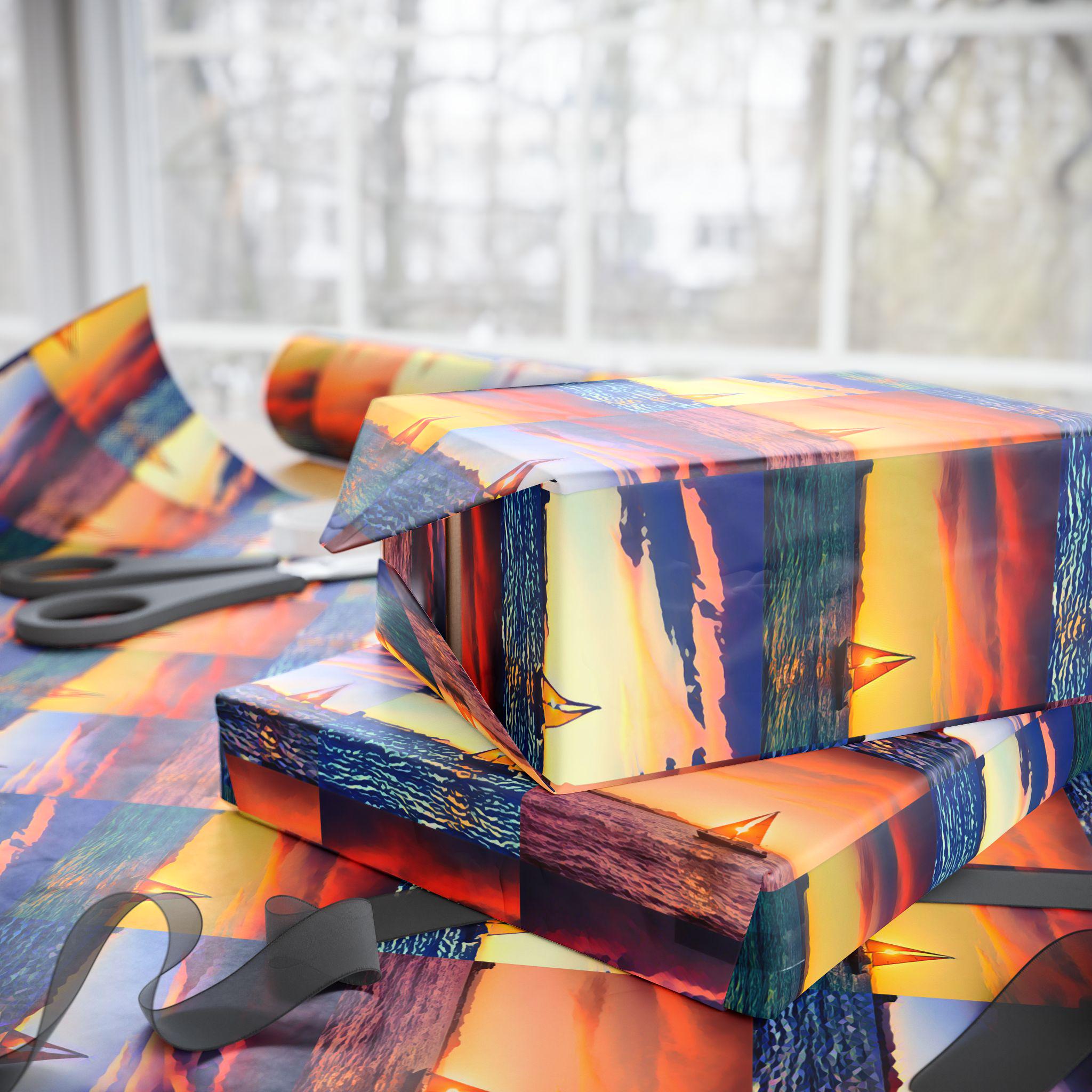 Sunset Lighthouse Pattern Wrapping Paper | Coastal Scenic Gift Wrap Roll