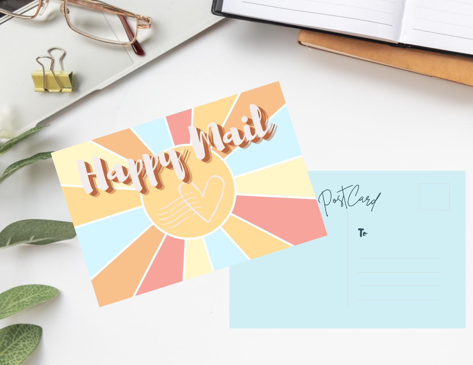 Happy Mail Postcards | Retro Pastel Sunburst Design | No envelopes needed