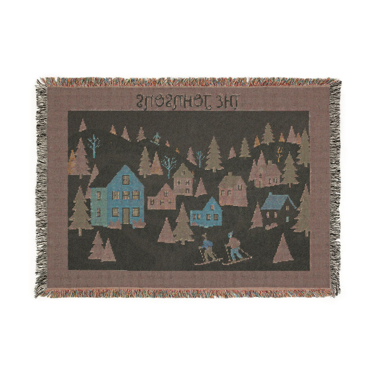 Winter Village Scene Woven Blanket | Personalized Cottage Landscape Throw