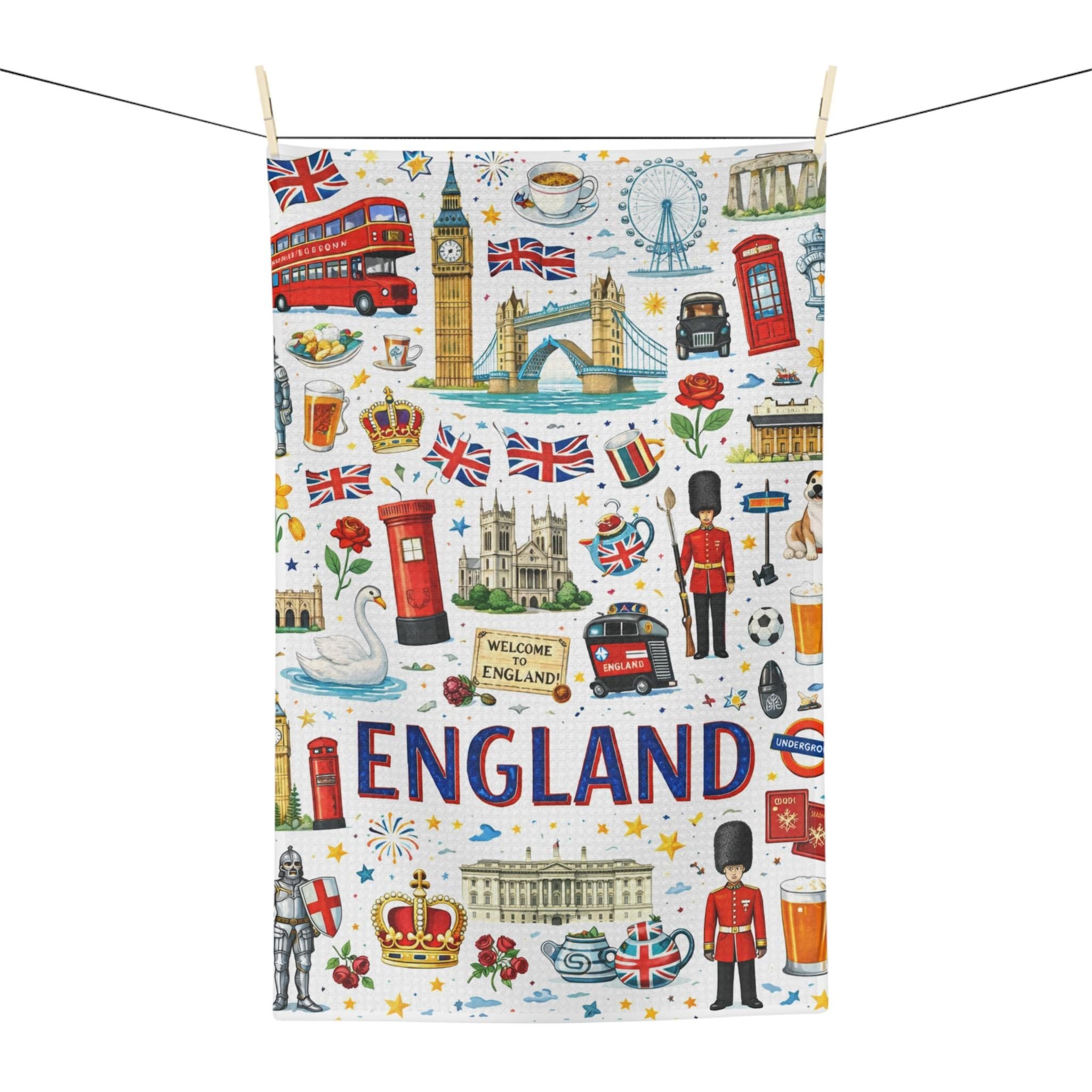 England Icons Microfiber Tea Towel | London Landmarks, Union Jack, Tea Motifs