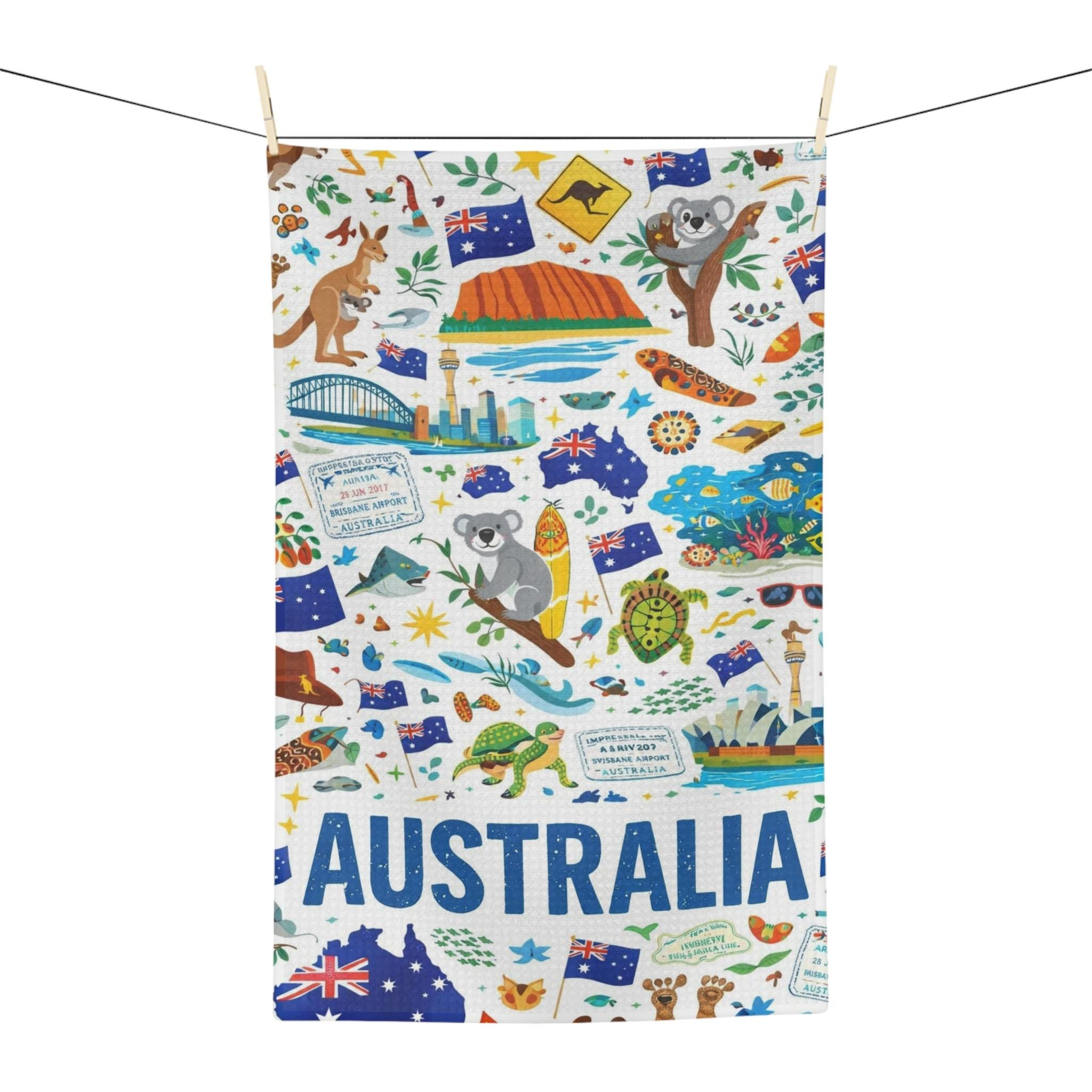 Australia Icons tea towel | Koala, Kangaroo, Sydney Opera House | Australia Day