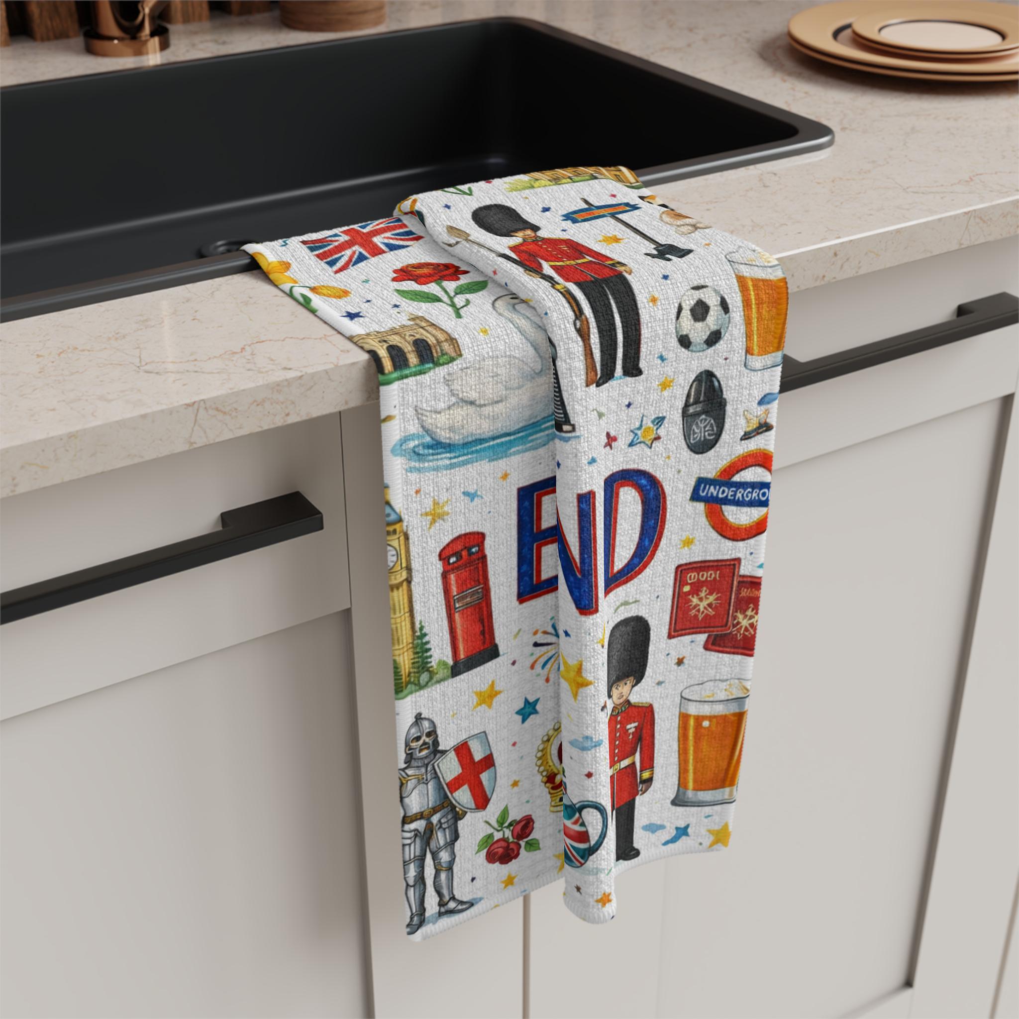 England Icons Microfiber Tea Towel | London Landmarks, Union Jack, Tea Motifs