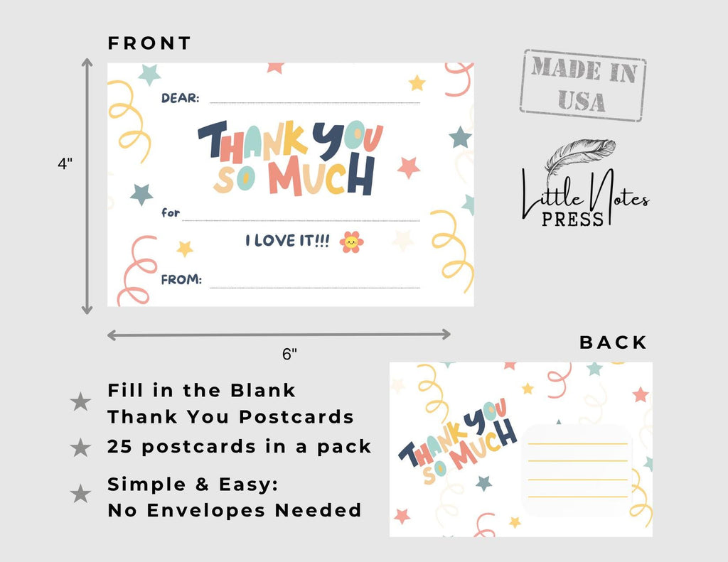 Kids Fill-in Thank You Postcards: Birthday Gifts, No Envelopes