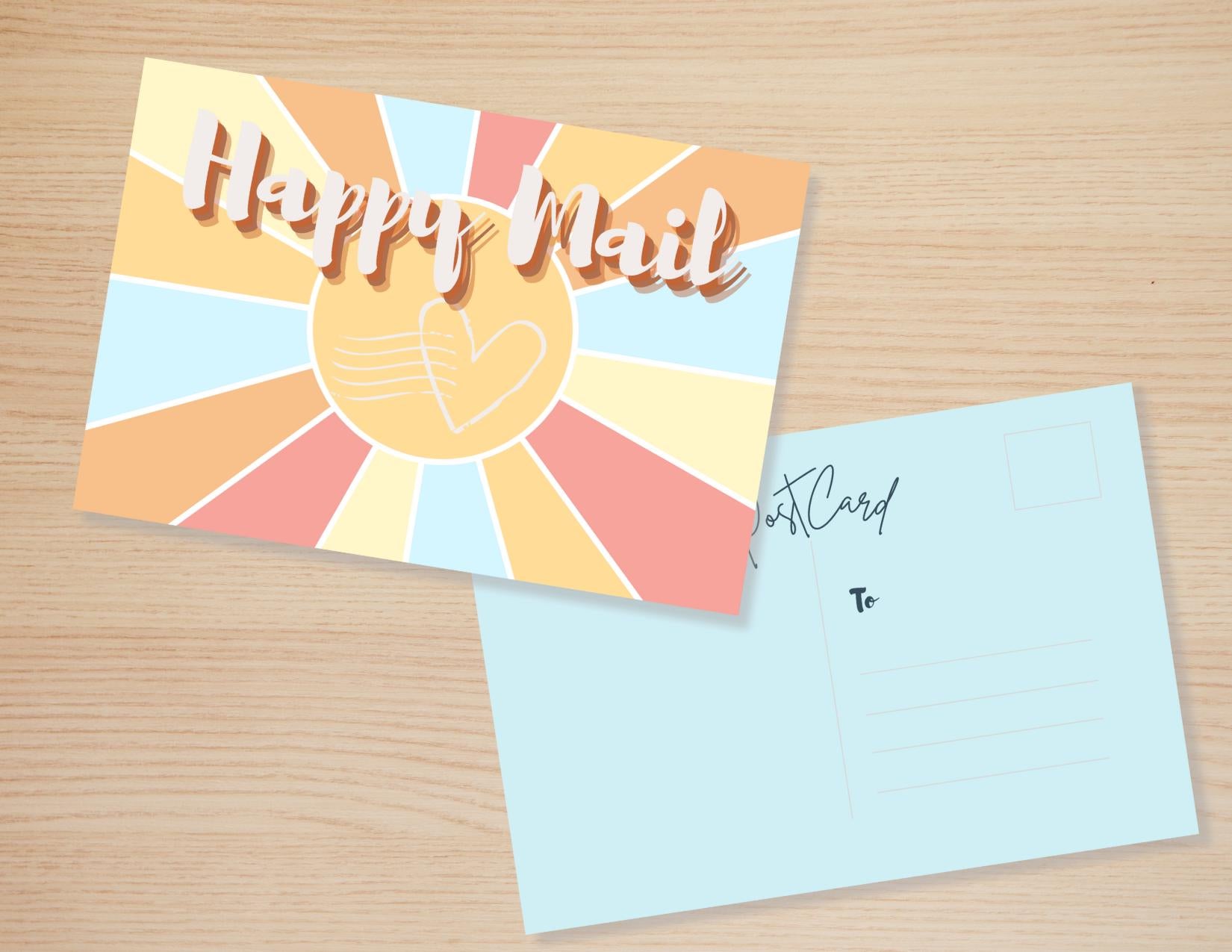 Happy Mail Postcards | Retro Pastel Sunburst Design | No envelopes needed