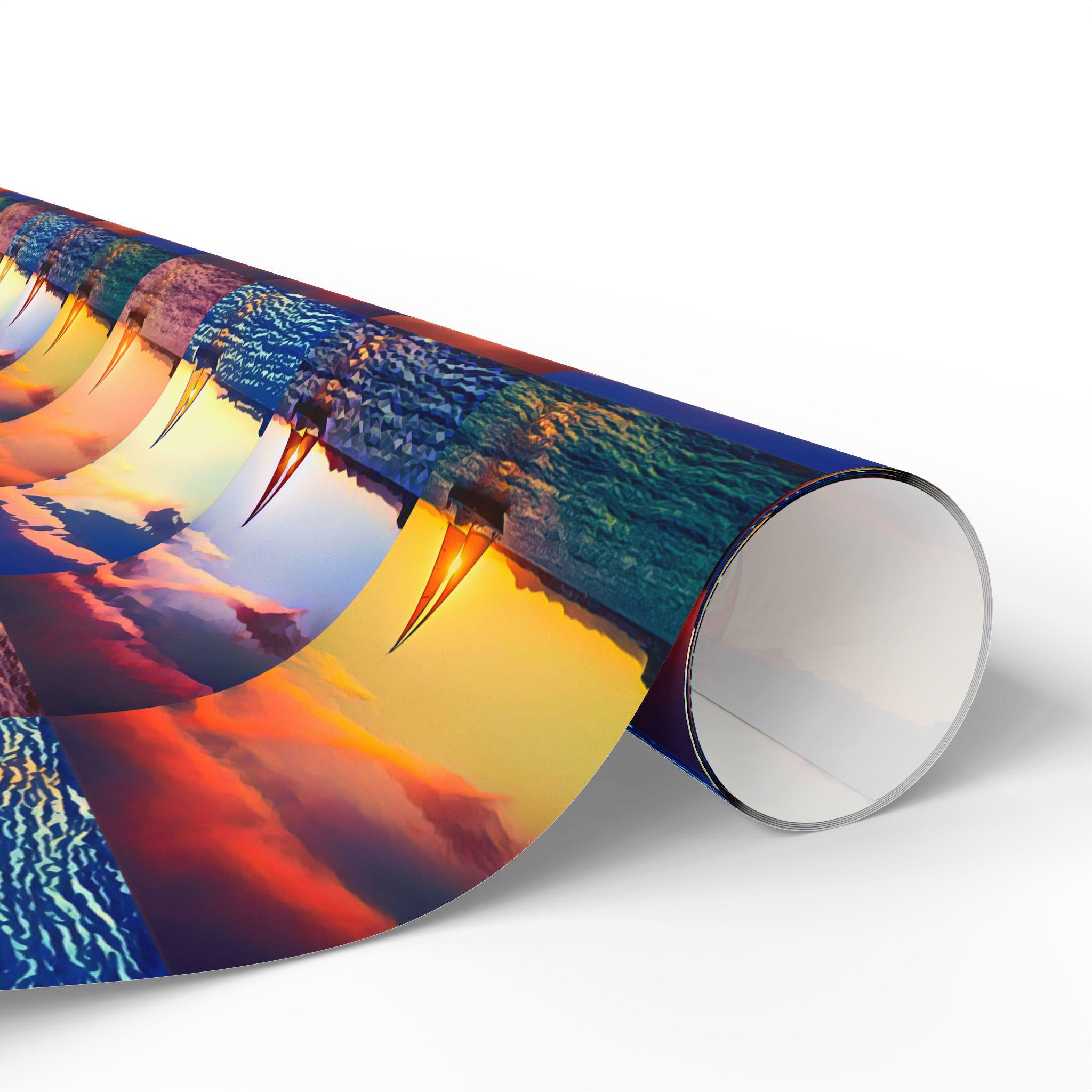 Sunset Lighthouse Pattern Wrapping Paper | Coastal Scenic Gift Wrap Roll
