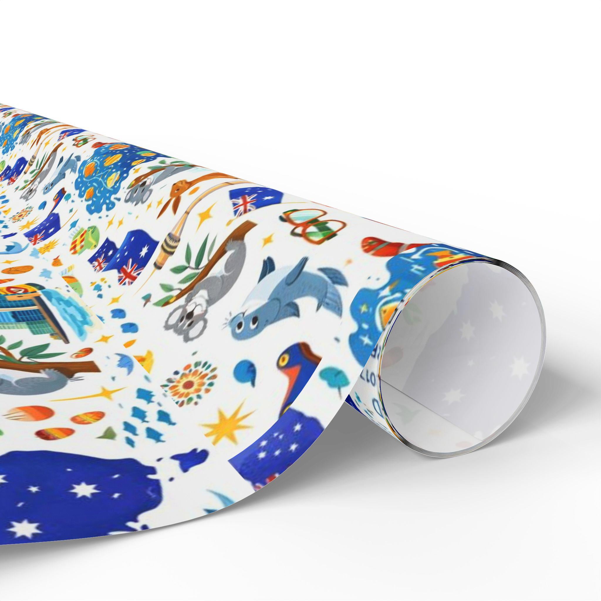 Australia Icon Pattern Wrapping Papers | Aussie Map, Kangaroo, Koala, Beach Motifs