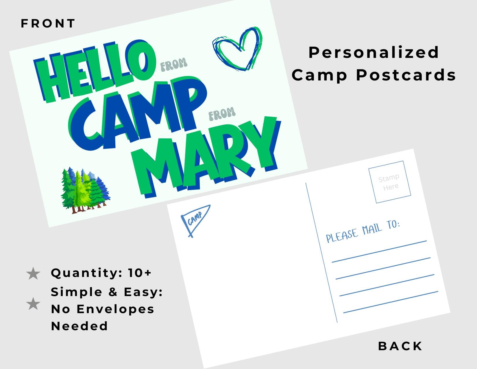Personalized Camp Postcards: Multiple Color Options, Summer Care Package